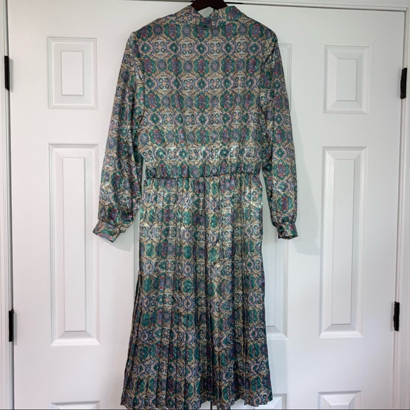 Vintage Florentine Petites Paisley Blue Green Button Up Long Sleeve Dress 14 - Picture 9 of 10